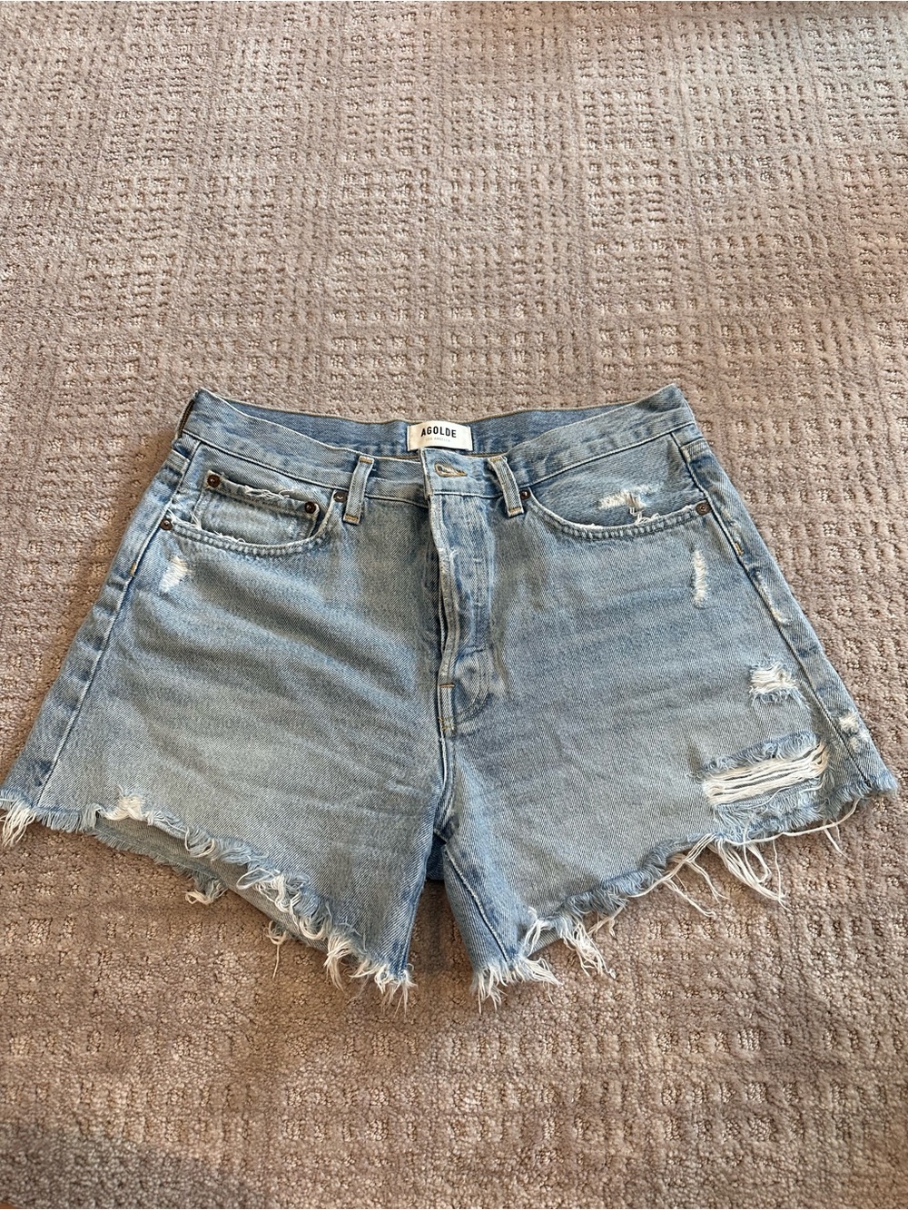 AGOLDE Parker Long Light Blue Distressed Denim Shorts